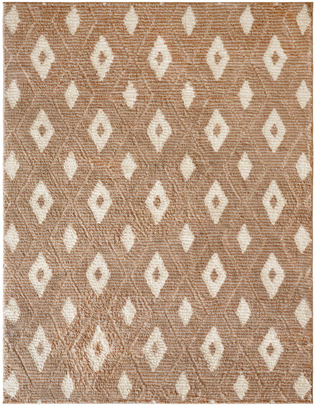 A 5x8 rectangular Sepia rug featuring a modern diamond pattern in brown, tan, and ivory with a textured pile.