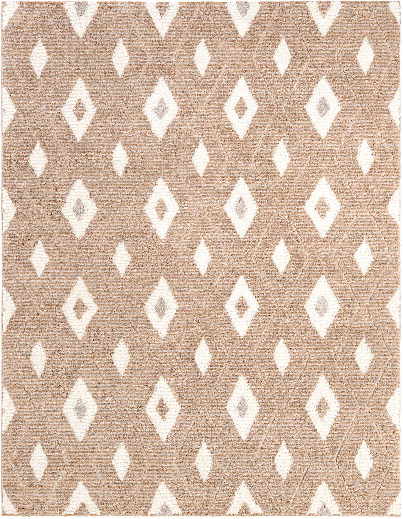 A 6x9 rectangular brown and ivory modern area rug with a repeating diamond pattern, ideal for a living room.