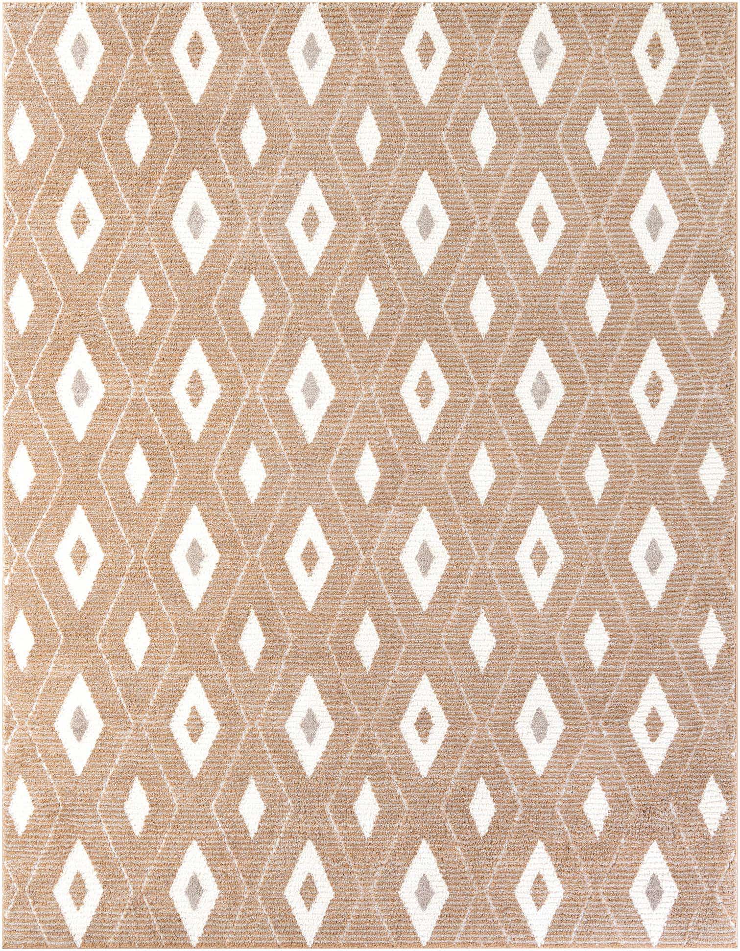 A rectangular 8x10 Sepia Collection rug featuring a modern geometric diamond pattern in brown, ivory, and tan.