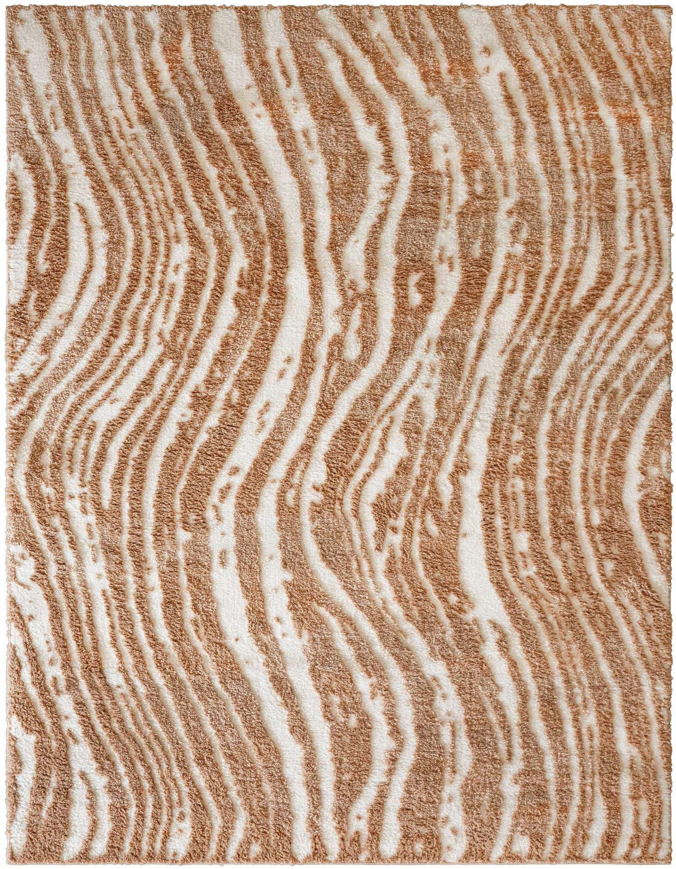 A 5x8 rectangular area rug with a modern abstract pattern of wavy brown and tan stripes on an ivory background.