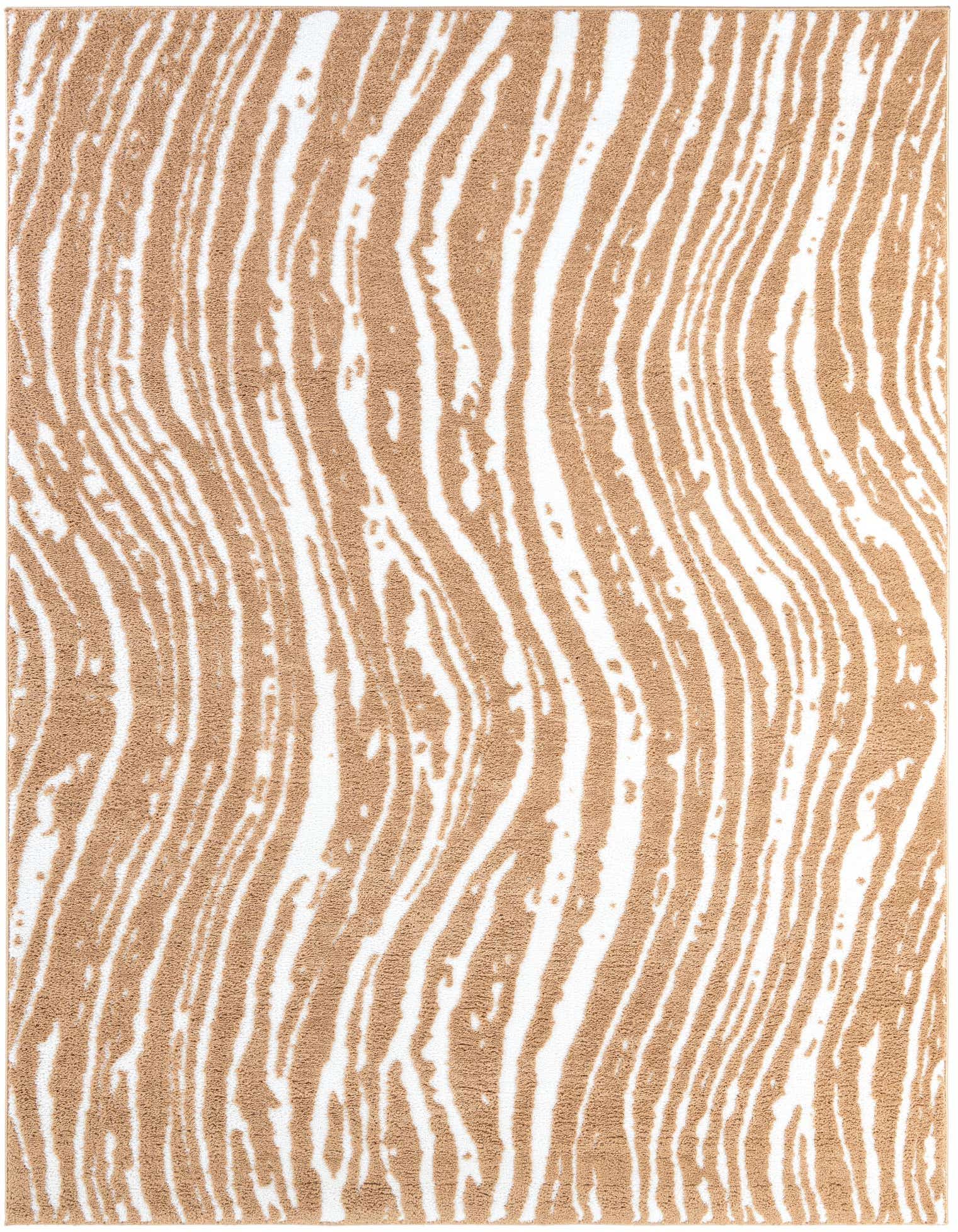A rectangular 8x10 rug featuring a wavy, abstract pattern in varying shades of brown/tan and ivory/cream.