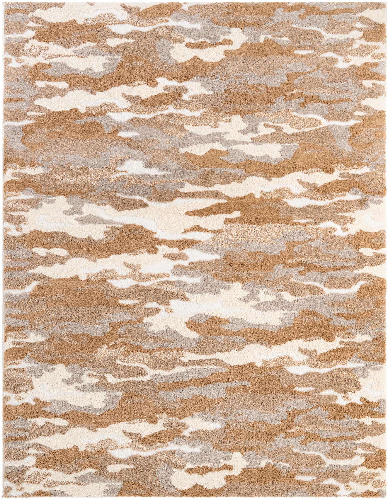 A rectangular 6x9 modern abstract rug with a textured pile, featuring a camouflage-like pattern in shades of brown, tan, and ivory.