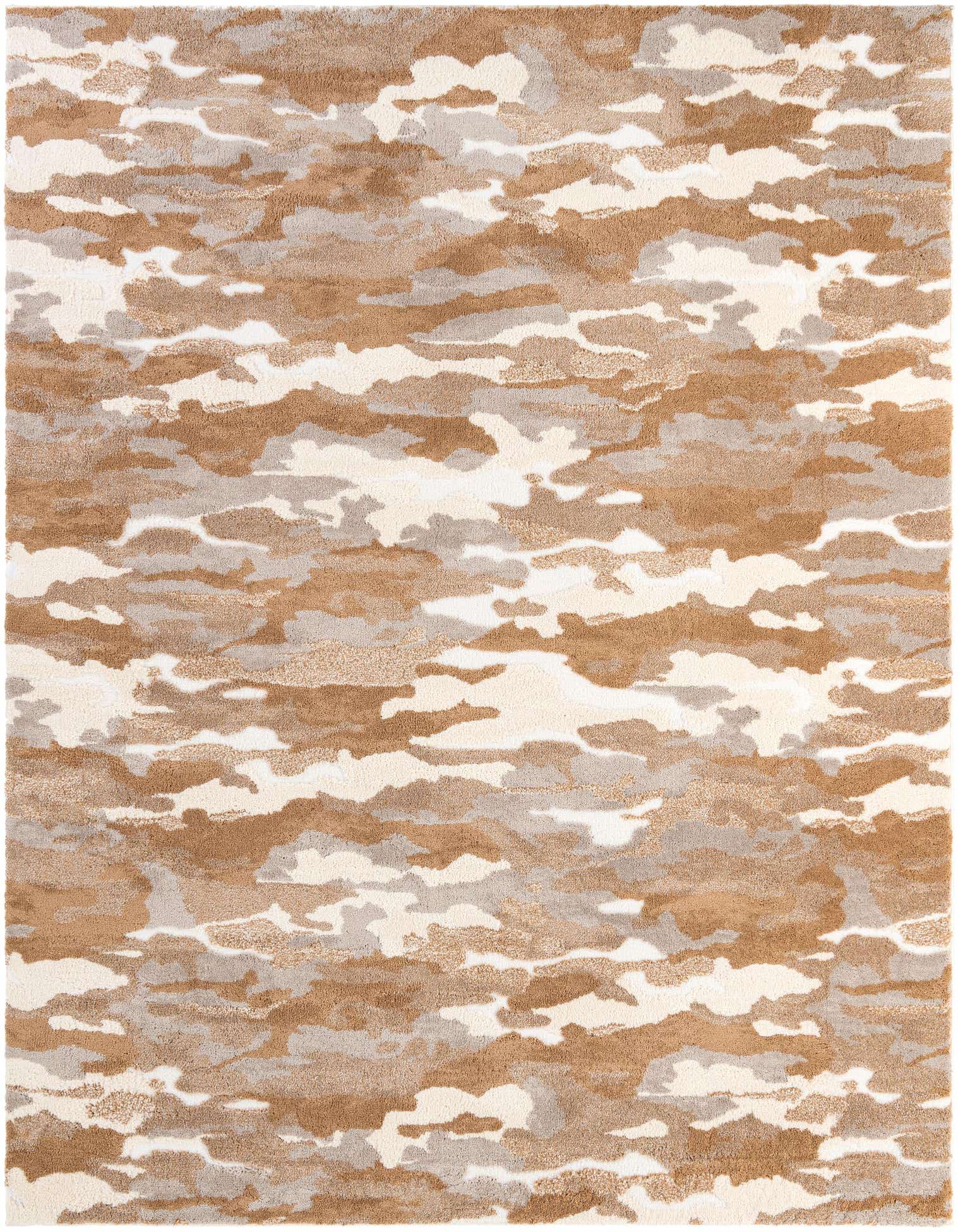 A rectangular 8x10 modern area rug featuring an abstract camouflage-like pattern in varying shades of brown, tan, and ivory.