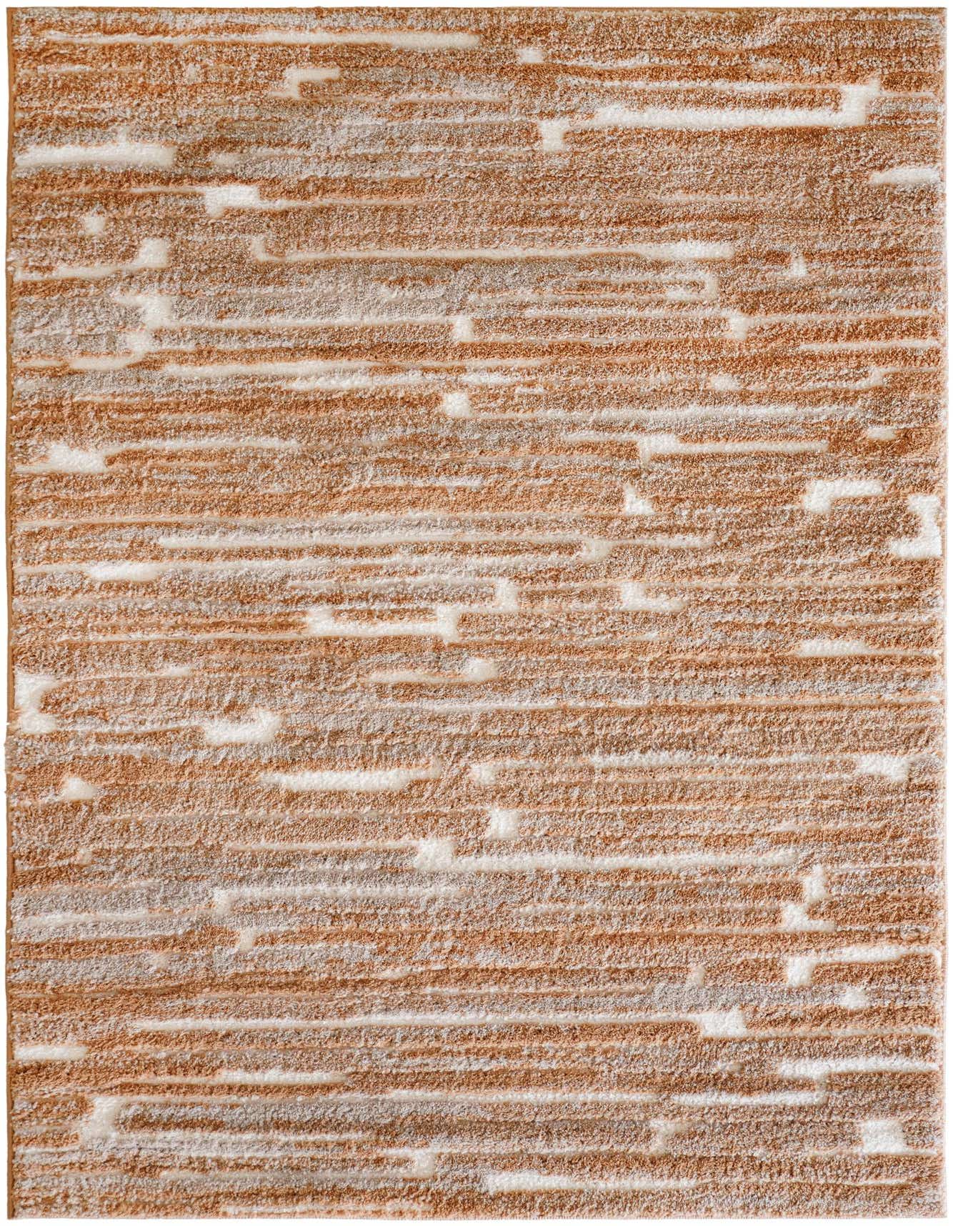 A 4x6 rectangular Rugs.com Sepia rug featuring a modern abstract pattern of textured brown and tan horizontal stripes on an ivory background.