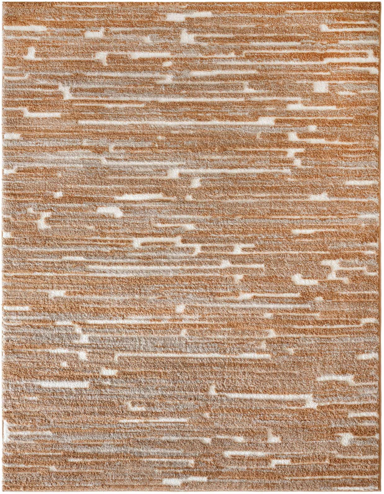 A rectangular 5x8 area rug featuring a textured abstract pattern of brown and tan horizontal stripes on an ivory background.