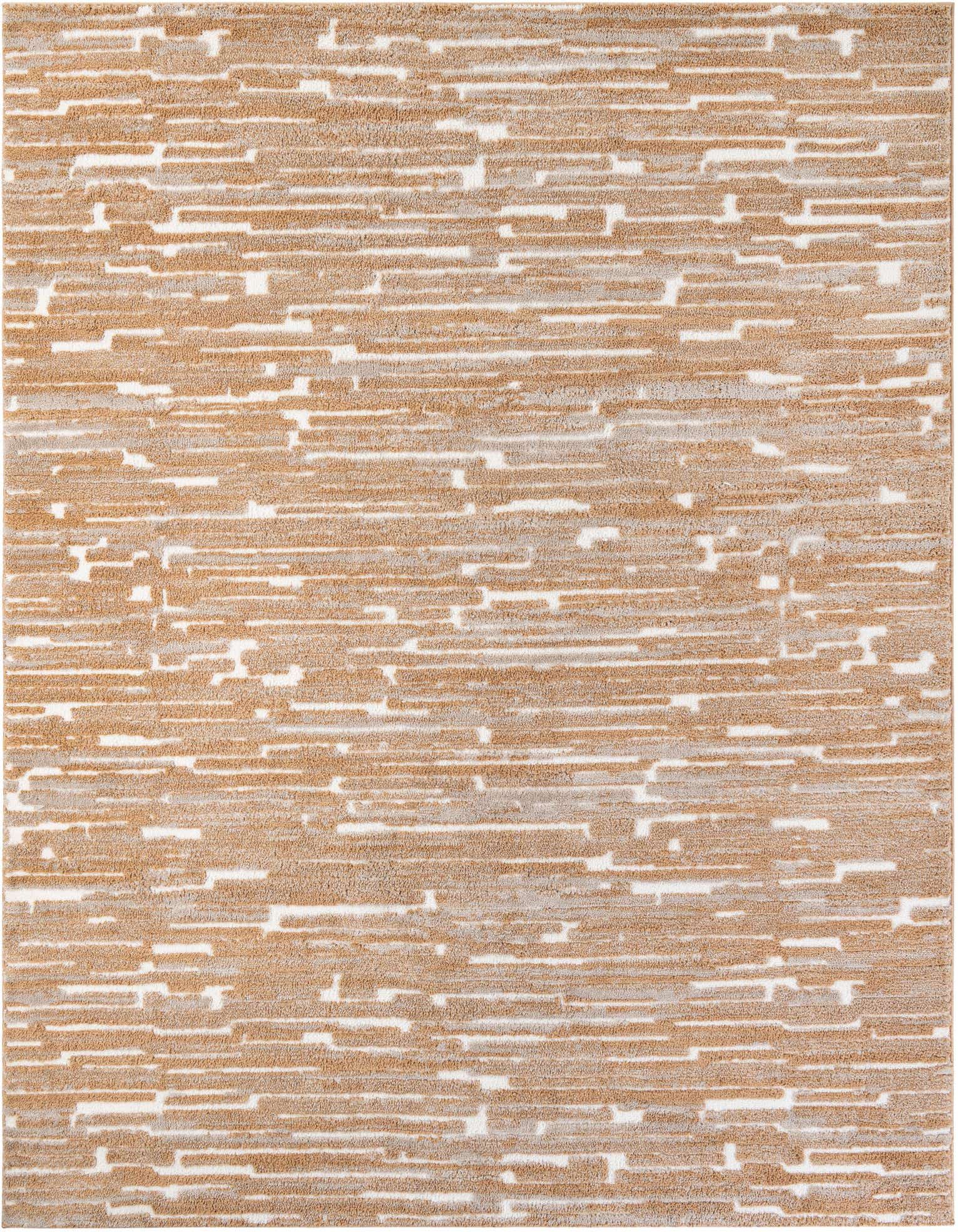 A rectangular 8x10 modern abstract rug with a textured pile, featuring horizontal stripes and dashes in varying shades of brown, tan, and cream.