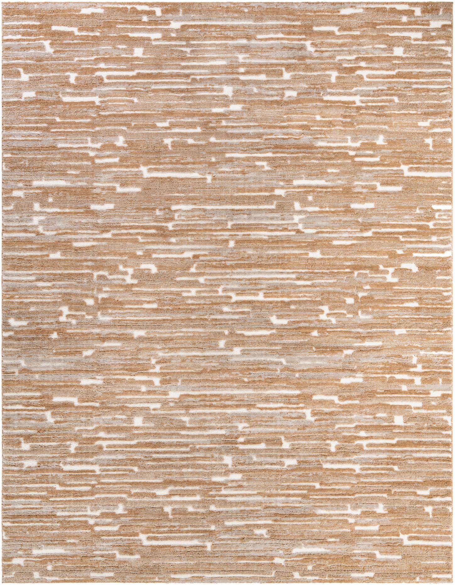 A 9x12 rectangular modern area rug featuring an abstract pattern of horizontal brown and tan textured stripes on an ivory background.