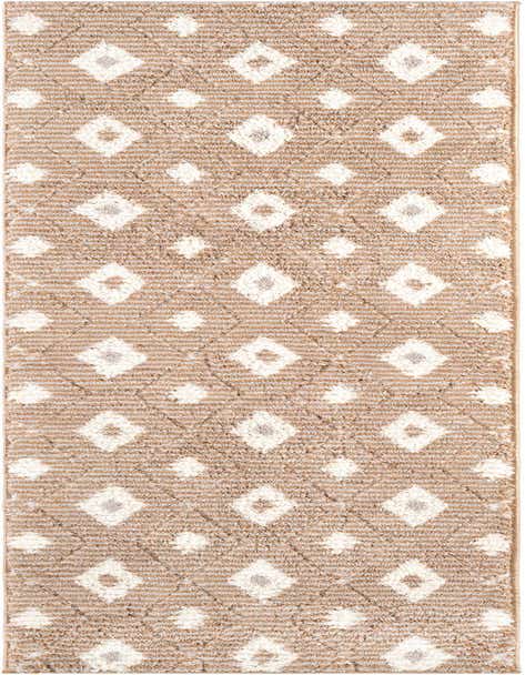 A modern 8 ft runner rug featuring a textured pile with a pattern of ivory and cream diamonds over a brown and tan striped background, ideal for a hallway.