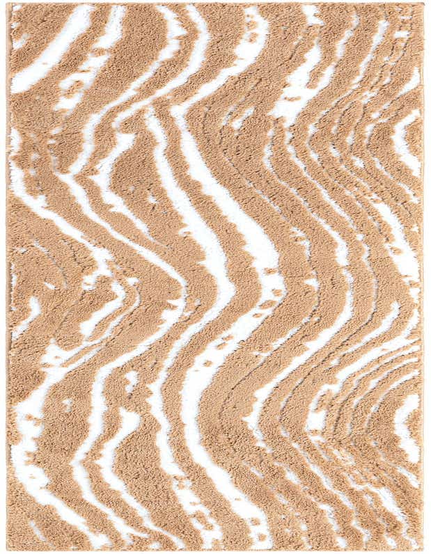 A 6 ft runner rug with a modern abstract pattern in textured tan and ivory wavy stripes, ideal for a hallway.