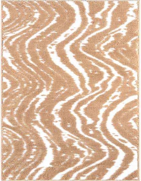A close-up of the Rugs.com Sepia 8 Ft Runner rug, featuring a modern abstract pattern of textured tan and brown wavy stripes on an ivory background.