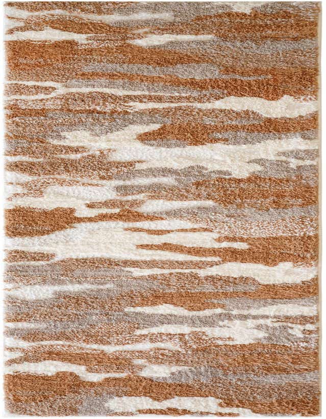 A 6 ft runner rug with a modern abstract pattern in varying shades of brown, tan, and cream, featuring a textured pile.