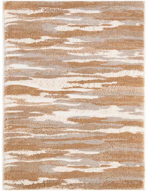 A modern 8 ft runner rug with an abstract pattern in varying shades of brown, tan, and cream, featuring a textured pile.