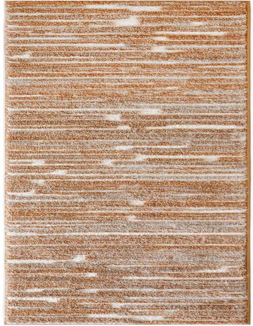 A long 8 ft runner rug with a modern abstract pattern of textured brown and tan horizontal stripes on an ivory background, ideal for a hallway.