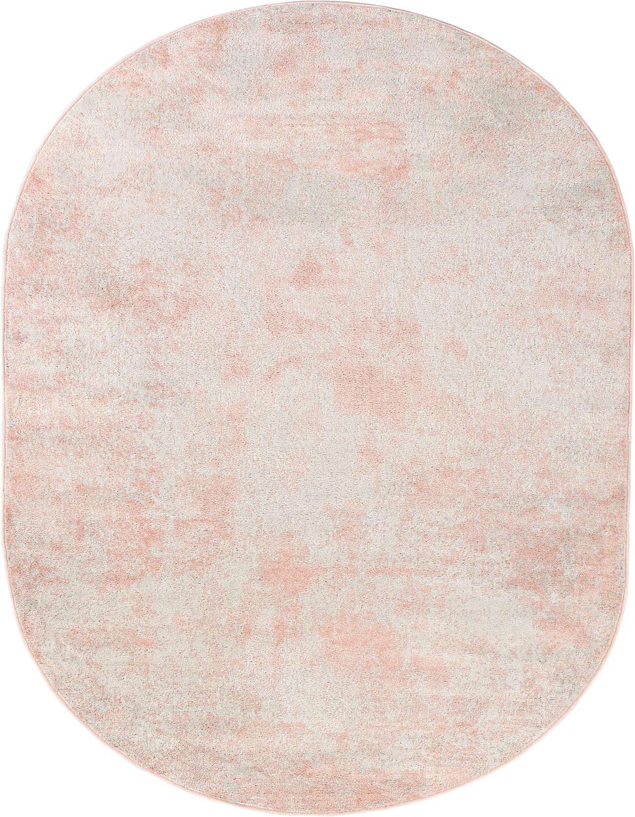 An oval 5'3" x 8'0" pink and white transitional area rug with a subtle distressed pattern, suitable for indoor spaces.