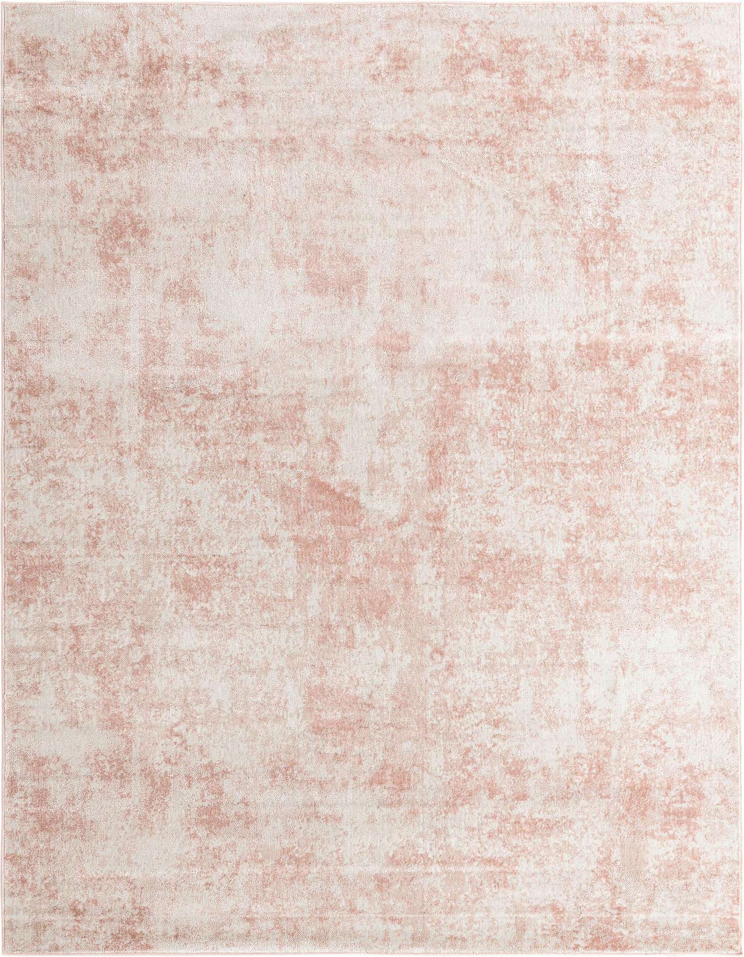 An 8x10 rectangular pink and white minimalist area rug with a subtle distressed pattern.