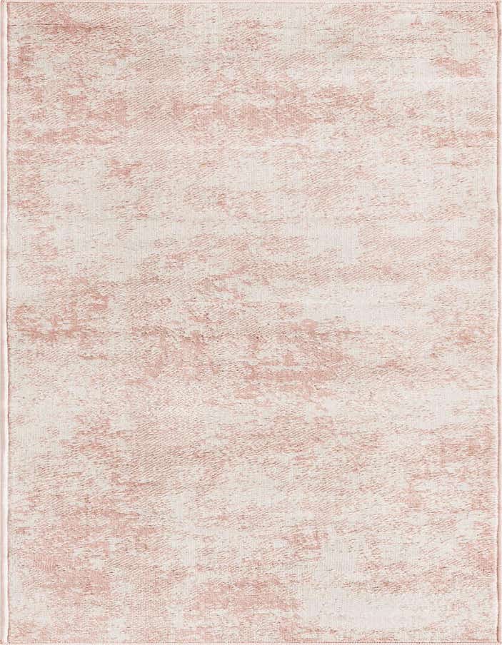 A 6 ft runner rug with a faded, distressed pink and cream abstract pattern, ideal for a hallway or kitchen.