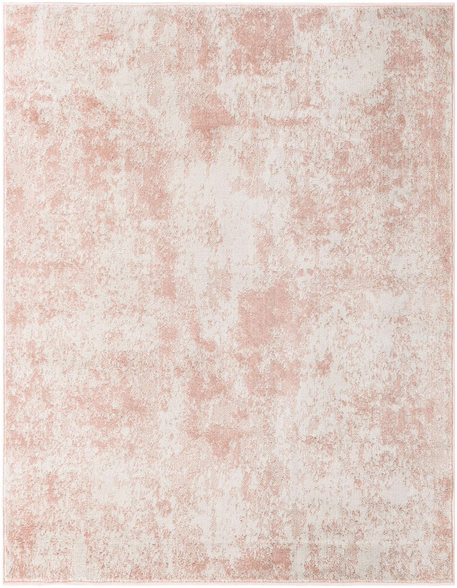 A 5'x5' square pink and white minimalist rug with an abstract, distressed pattern, suitable for a modern living space.