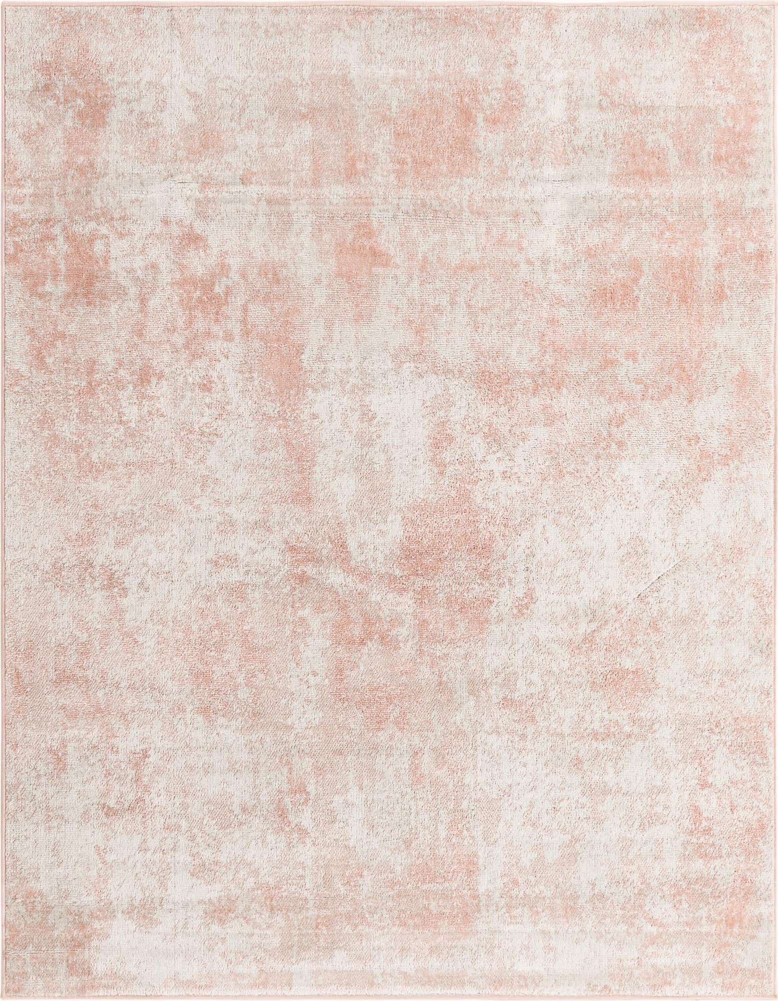 A 4'x4' square pink and white transitional area rug with a distressed, vintage-inspired pattern.