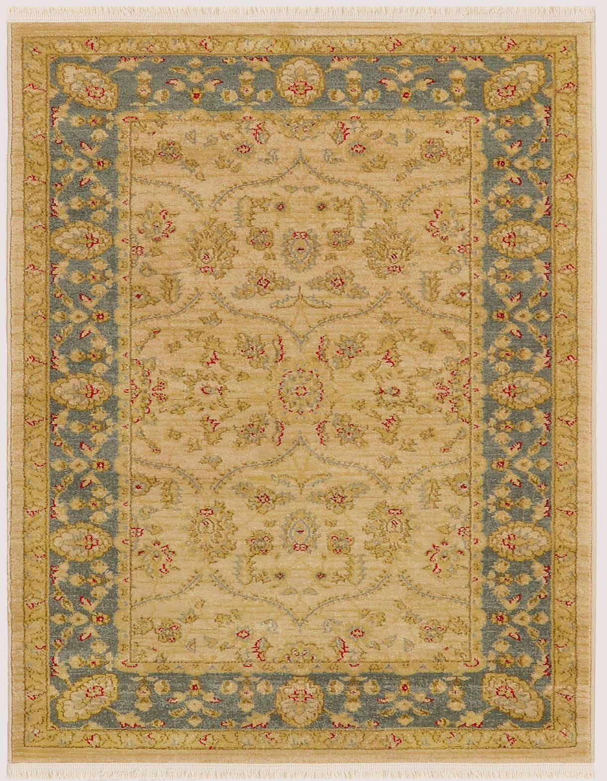 A 3x5 rectangular traditional rug with a gold and cream field, featuring an intricate botanical pattern and a teal border with floral motifs.