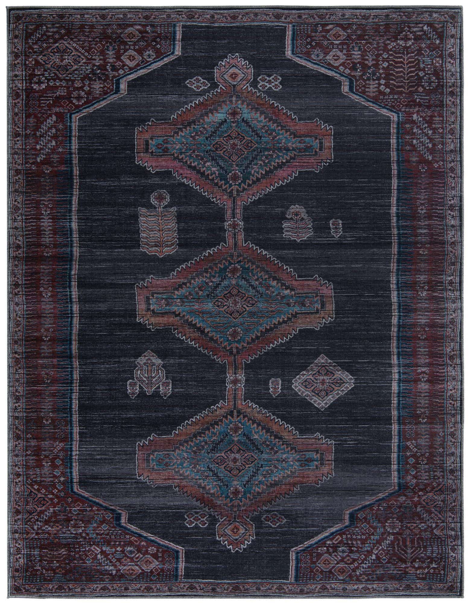 An 8x10 rectangular gray area rug with a faded traditional tribal medallion pattern in red, blue, and orange tones.