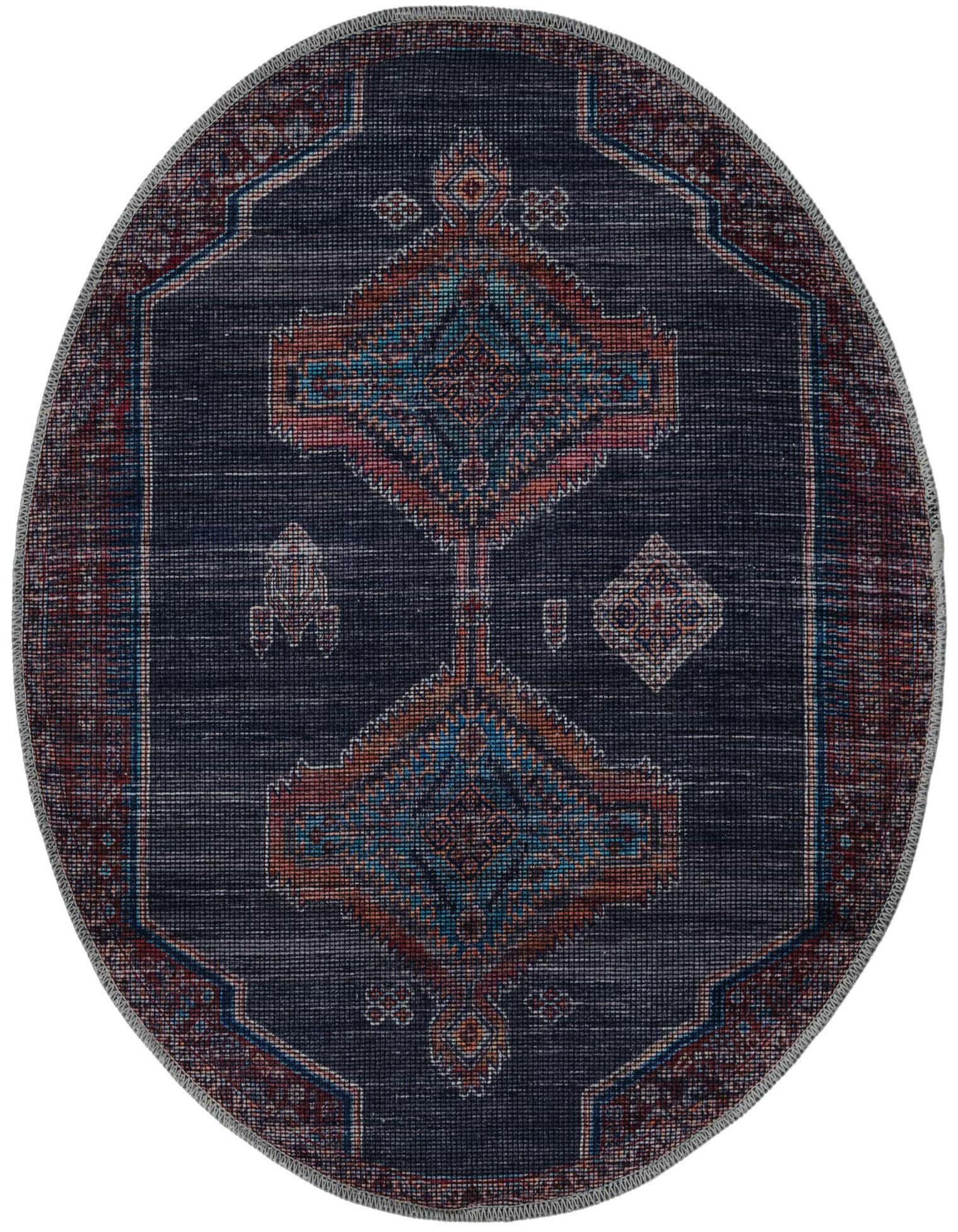 A 3' 3 x 3' 3 round Sisu rug with a distressed gray background and a vibrant tribal medallion in blues, oranges, and reds.