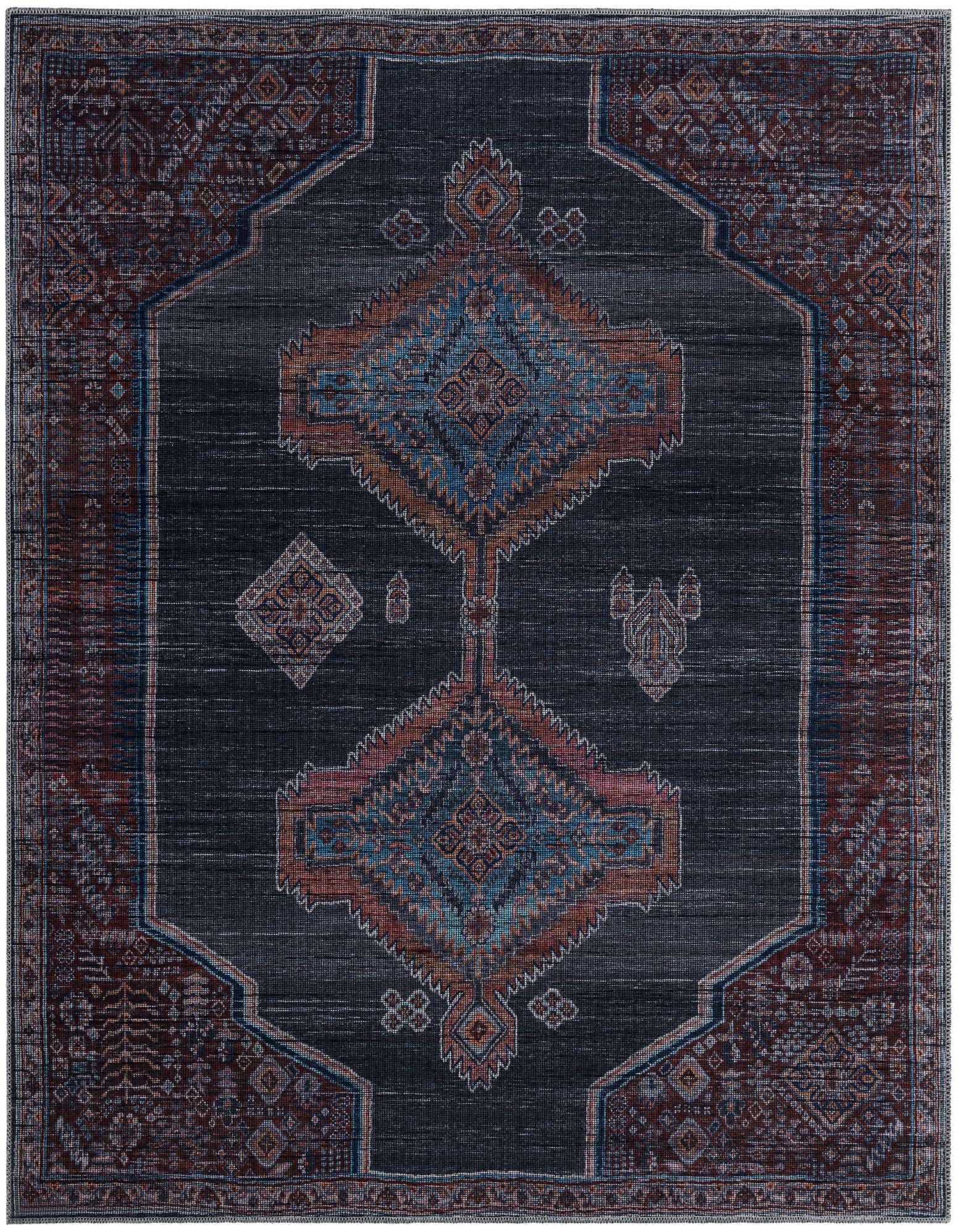 A square 7' 3 x 7' 3 gray rug with a central medallion in blue, orange, and pink, and a tribal border.