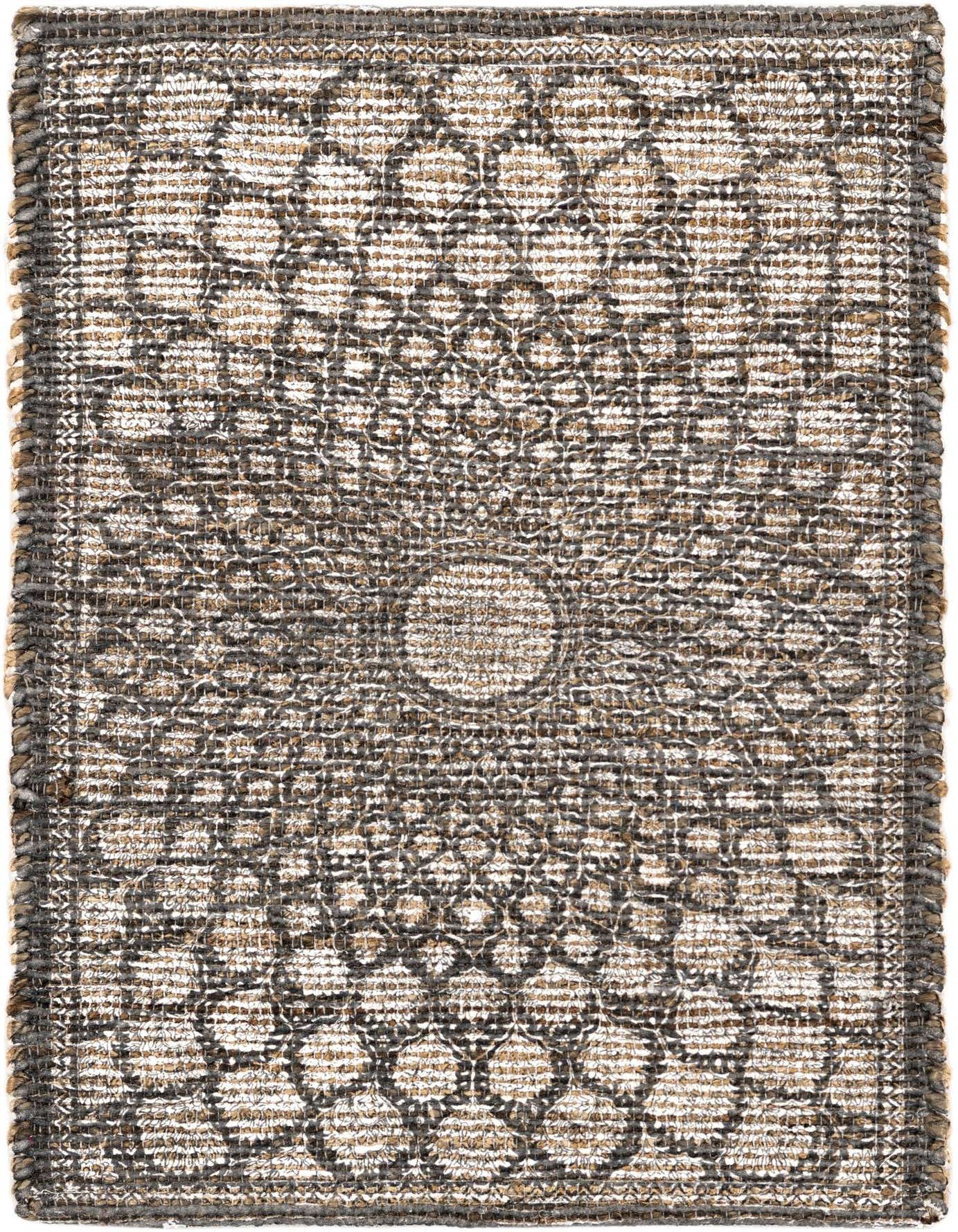 A 2x3 rectangular Rugs.com Chenille Jute rug featuring a modern medallion pattern in ivories, creams, and grays.