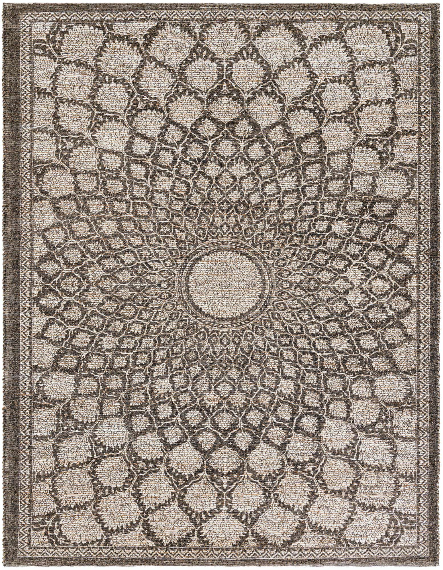 An 8x10 rectangular Chenille & Jute rug with an ivory and gray traditional medallion pattern, ideal for a living room.