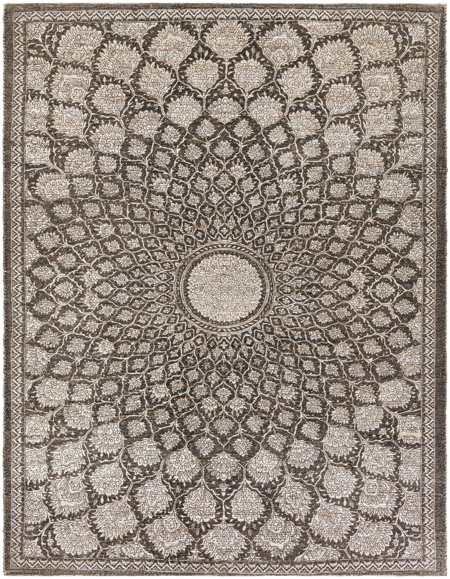 A rectangular 9x12 Chenille Jute rug featuring an intricate ivory floral medallion pattern on a dark gray background.