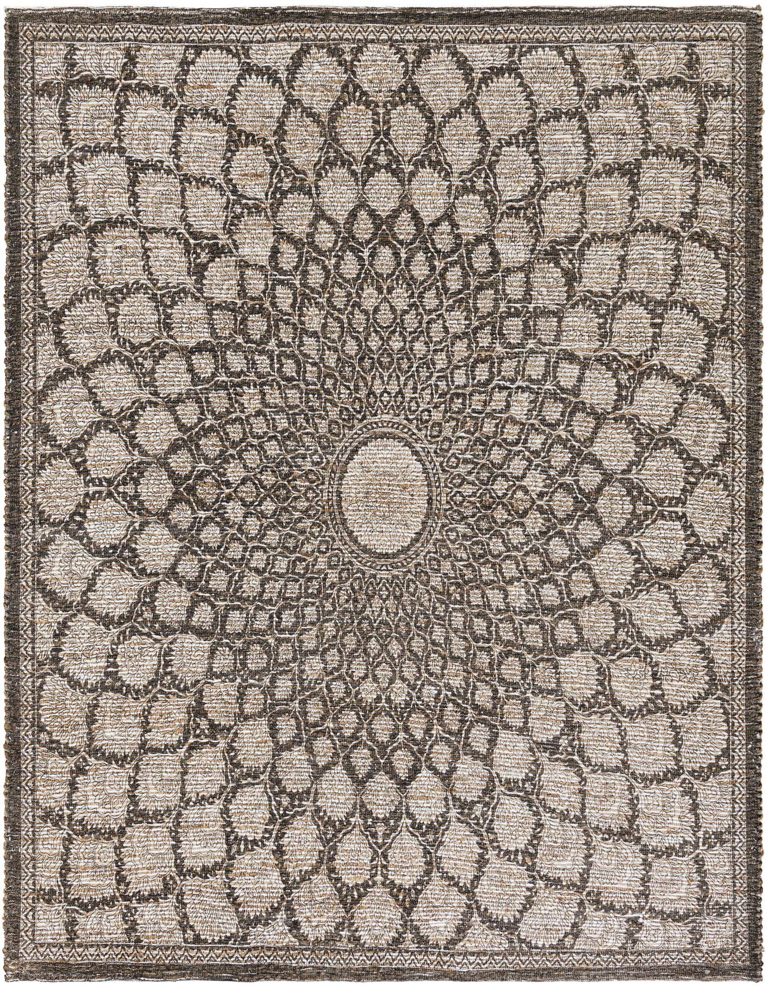 A square Chenille & Jute rug featuring an intricate gray medallion pattern on an ivory background, with a dark gray border.