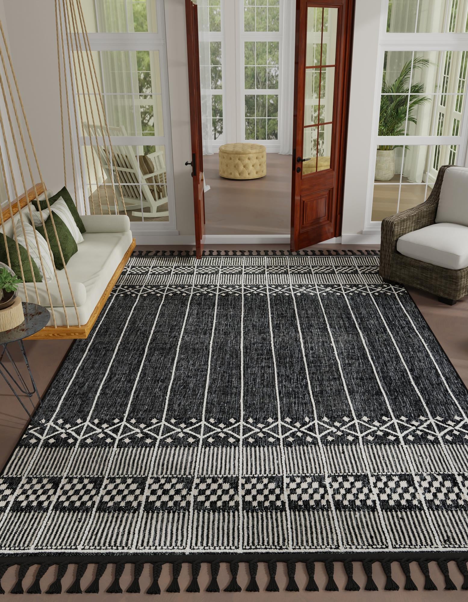 Charcoal Black 4' 1 x 6' 1 Hand Woven Eco Bohemian Indoor Outdoor Rug ...