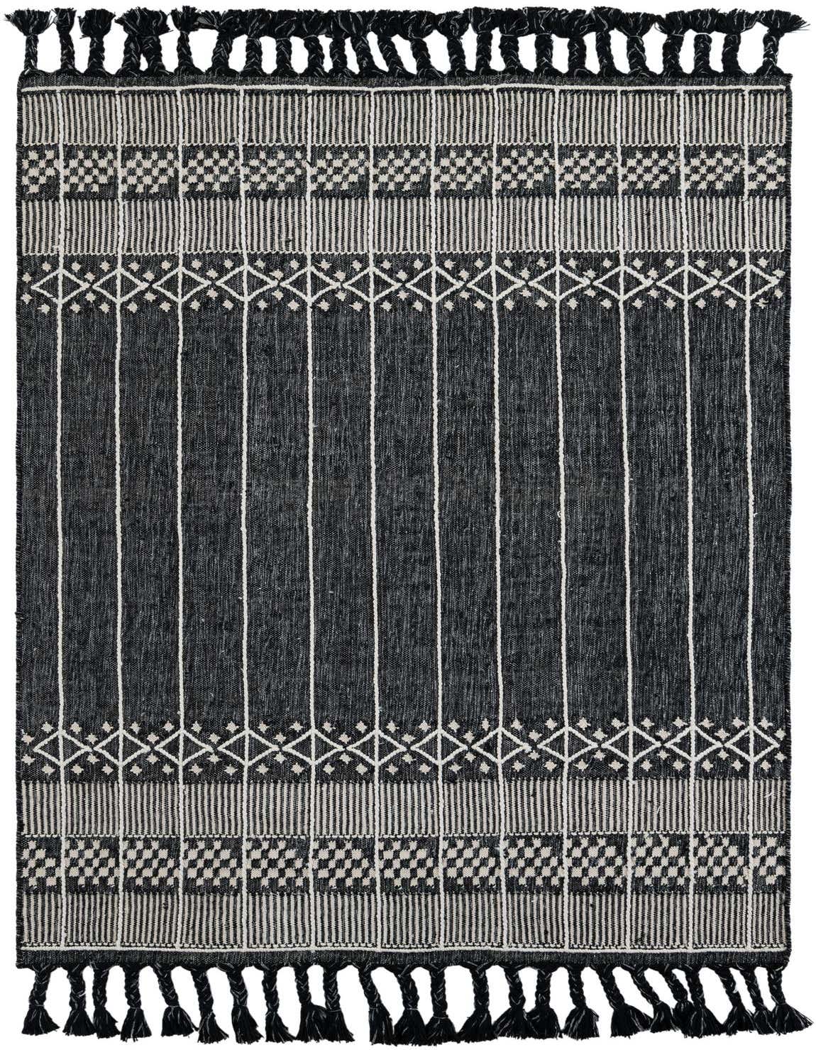 A 5x8 rectangular Eco Bohemian rug in black with white modern striped and geometric patterns, featuring braided tassels.