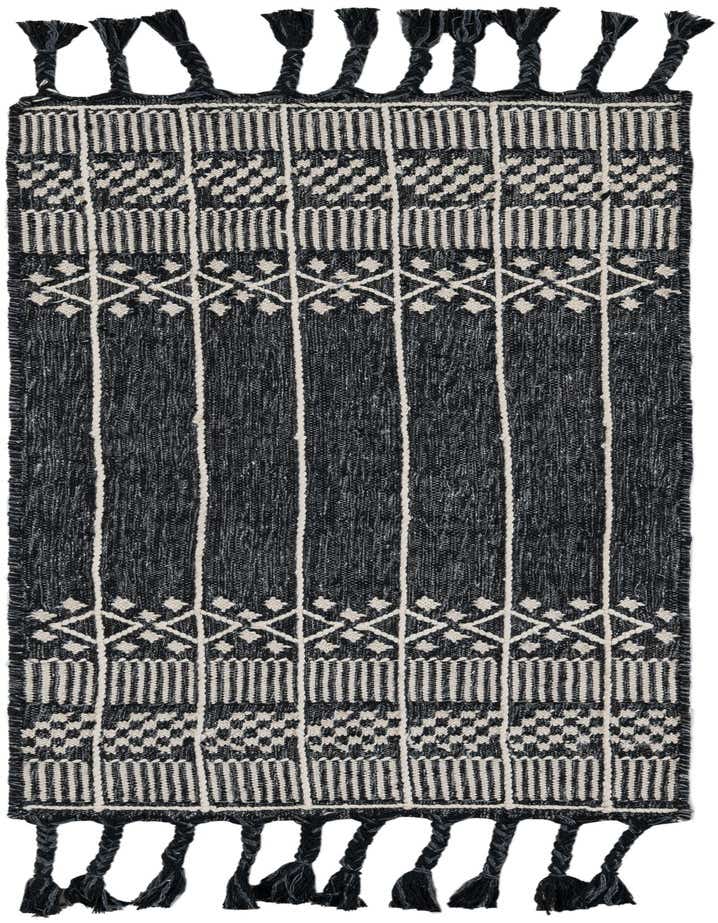 A 5 ft runner rug in black and off-white with a modern bohemian stripe pattern and braided tassels, ideal for a hallway or patio.