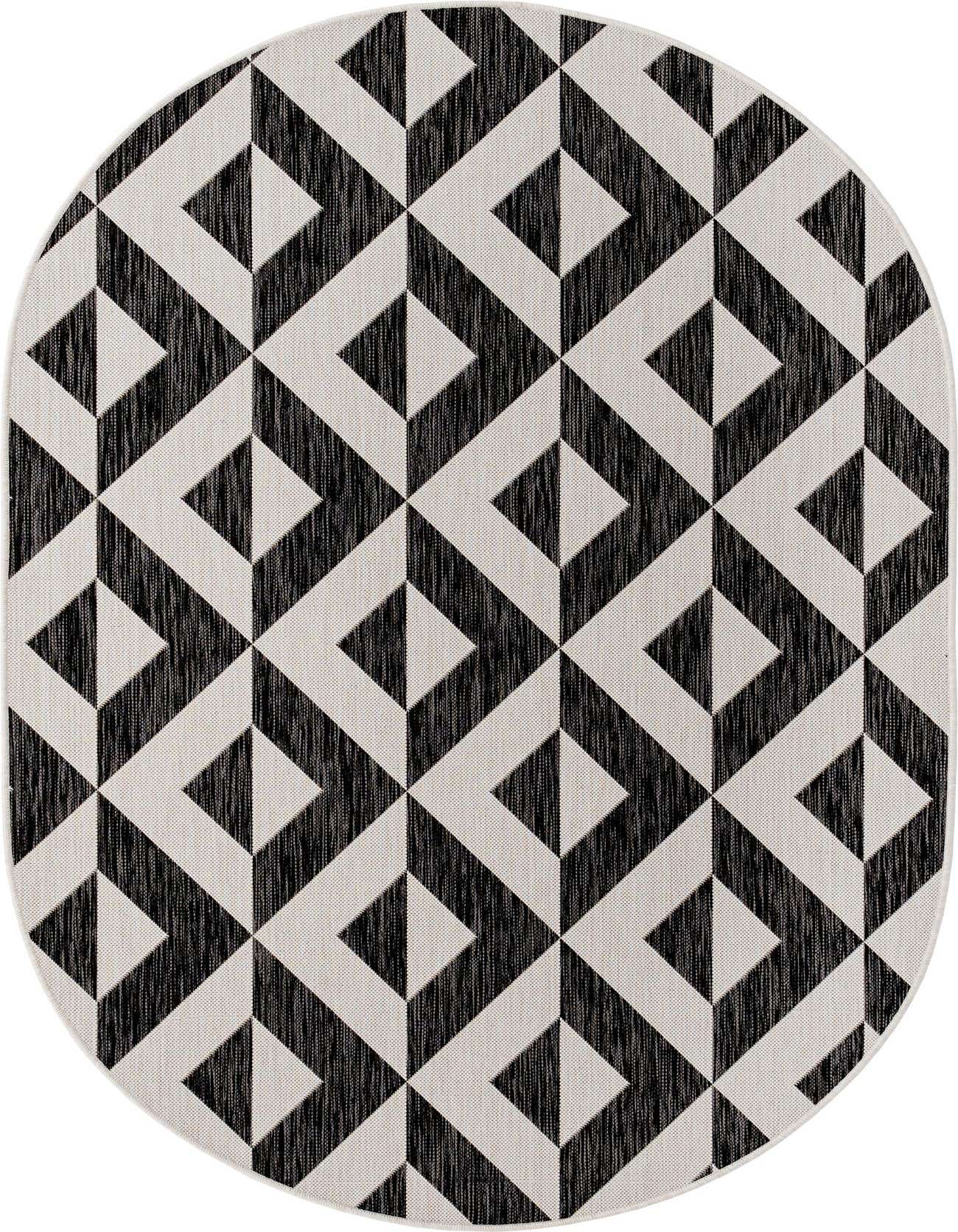 An oval 5'3" x 8'0" black and white geometric rug with a modern trellis pattern, suitable for indoor or outdoor use.