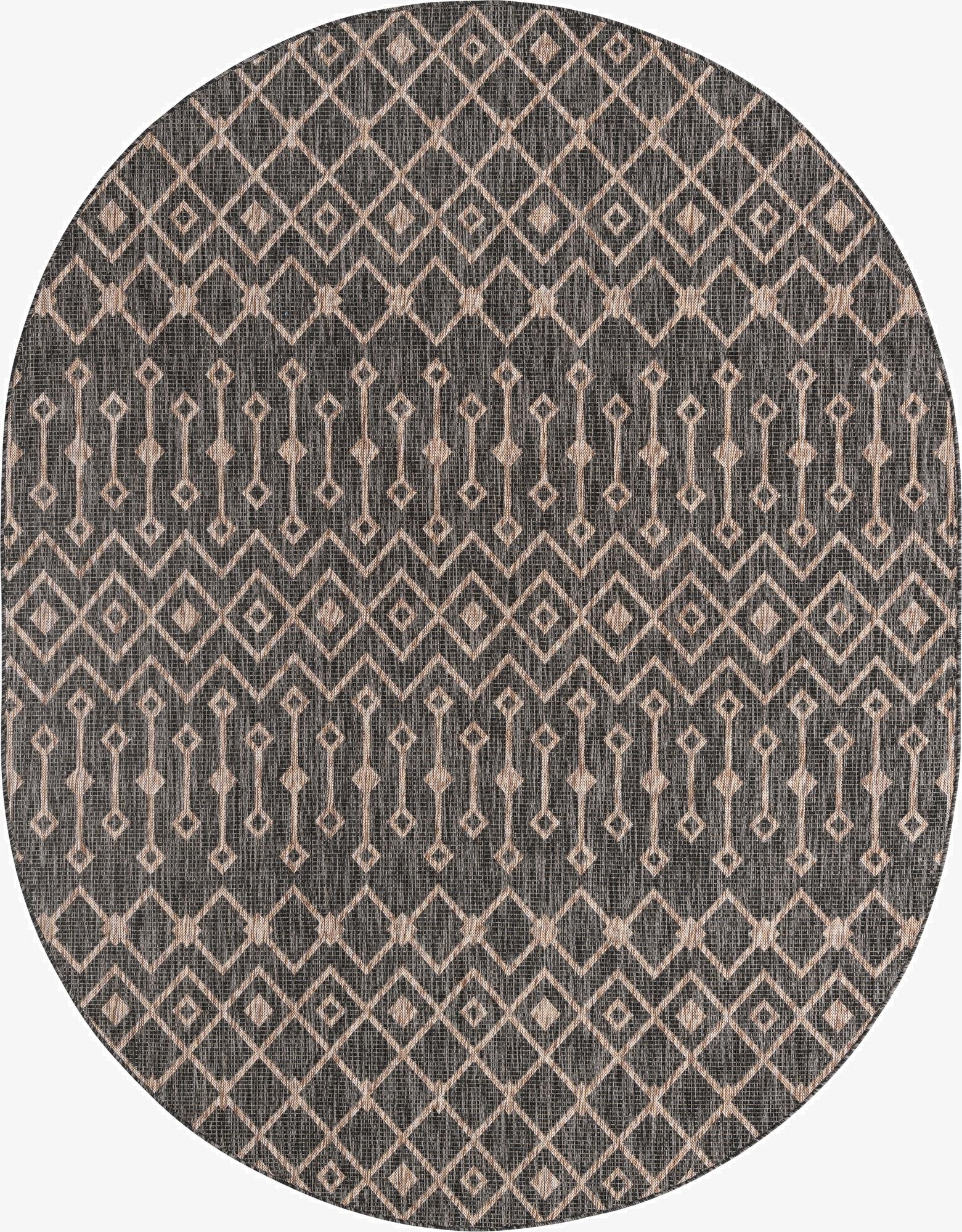 An oval black and gray tribal flatweave rug with a repeating geometric diamond and vertical bar pattern.