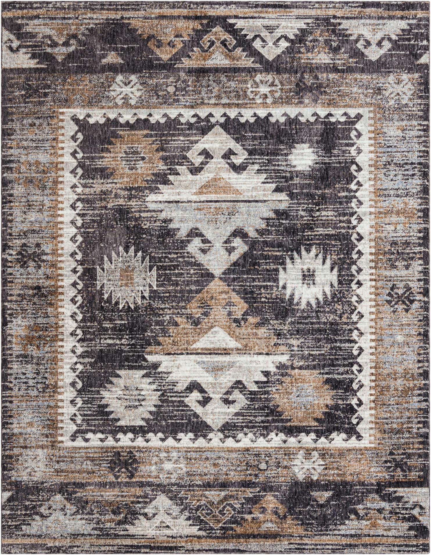 An 8x10 rectangular Eco Southwestern rug featuring a distressed tribal pattern in black, gray, and brown tones.