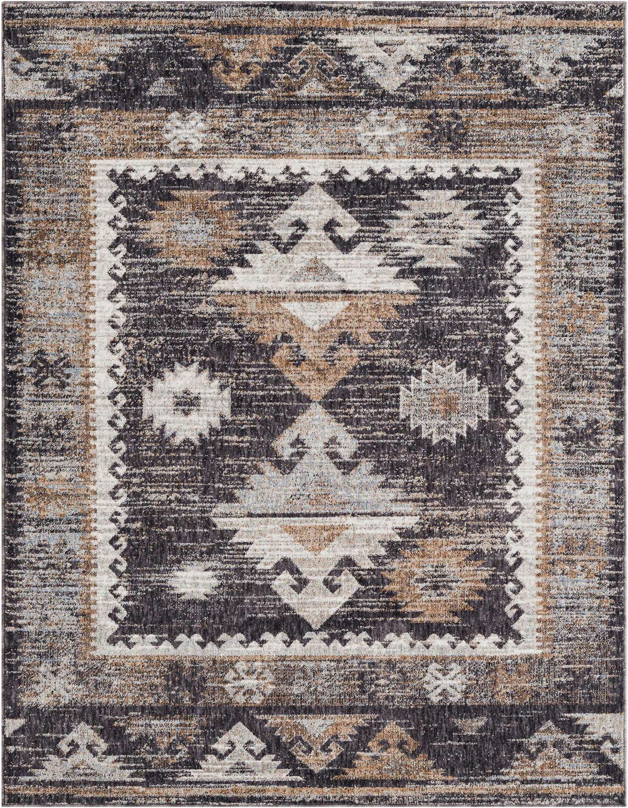 A 5x8 rectangular Eco Southwestern rug featuring a distressed tribal pattern in black, gray, and brown tones.