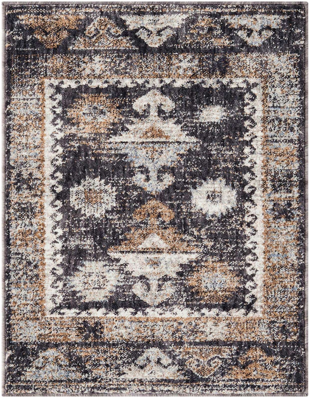A 2x3 rectangular Eco Southwestern rug featuring a distressed tribal pattern in black, gray, and tan.
