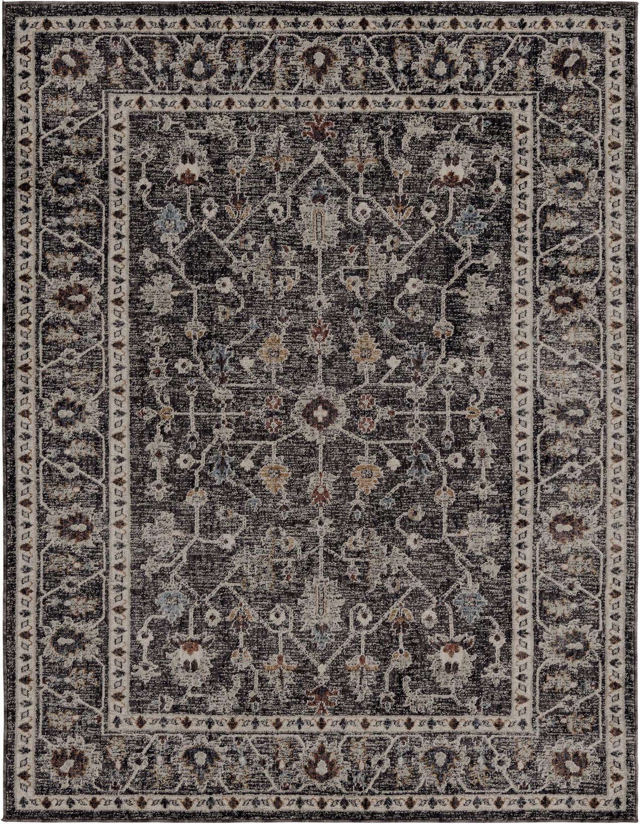 A 5x8 rectangular Eco Traditional rug in black and gray with an intricate floral and trellis pattern and decorative border.
