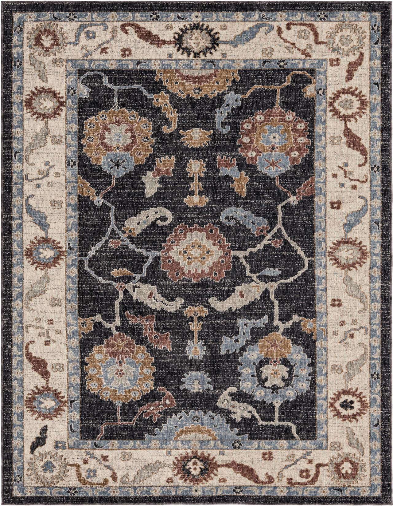 A 5x8 rectangular Eco Traditional rug featuring a black field with intricate floral patterns in muted blues, browns, and grays, framed by a light beige border with complementary floral motifs.
