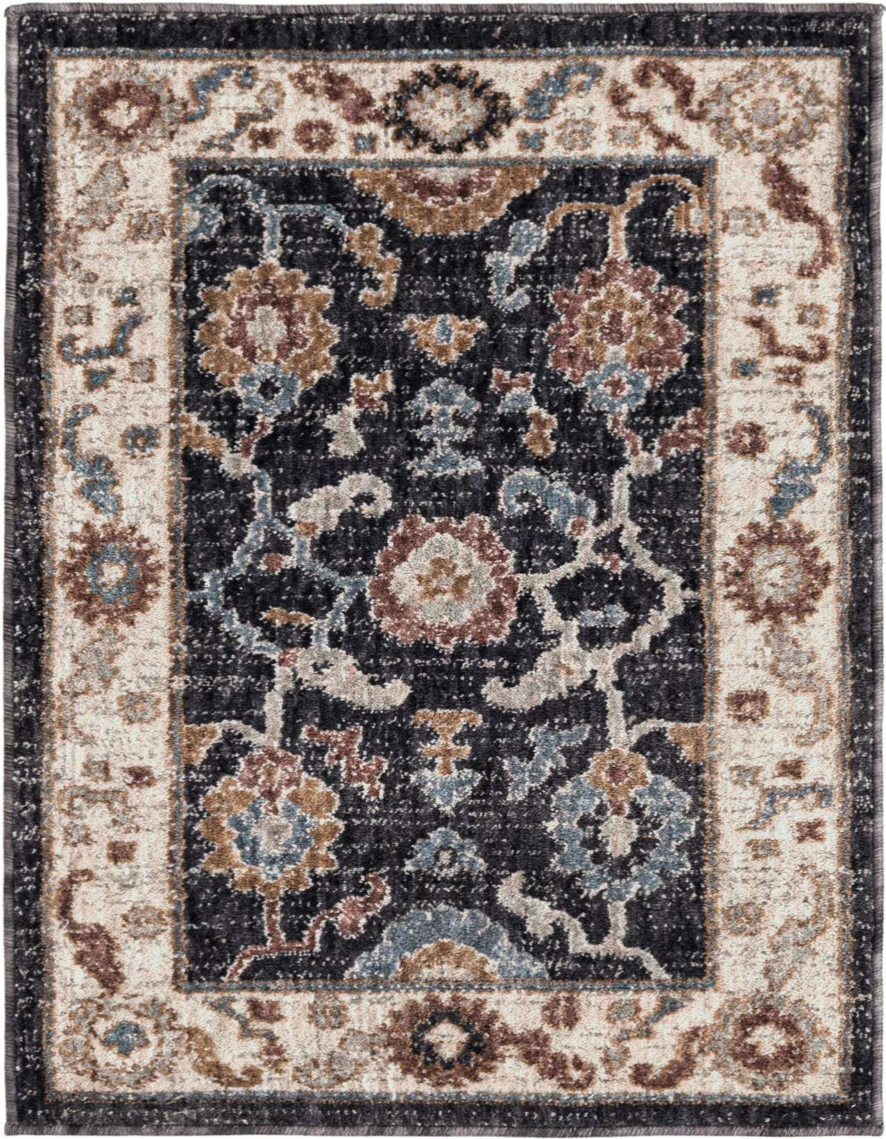 A 2x3 rectangular Eco Traditional rug by Rugs.com with a black center and a cream border, featuring a distressed floral and medallion pattern in shades of blue, brown, and gray.