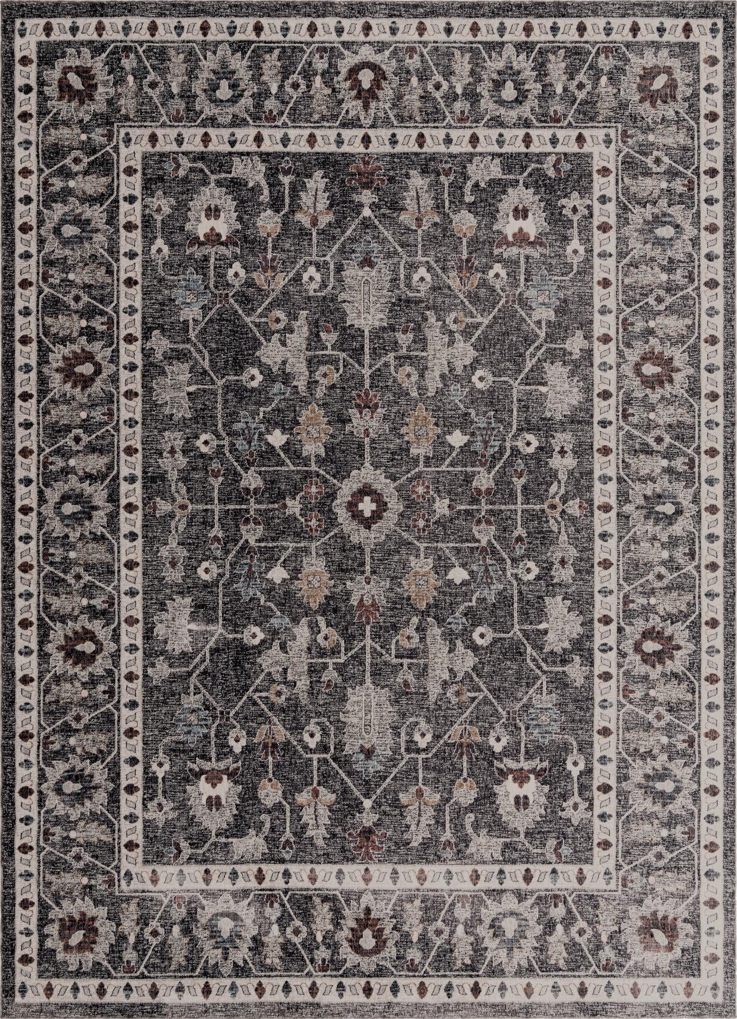 A 10x13 rectangular Eco Traditional rug featuring a black and gray distressed Oriental pattern with a light border, ideal for a living room.
