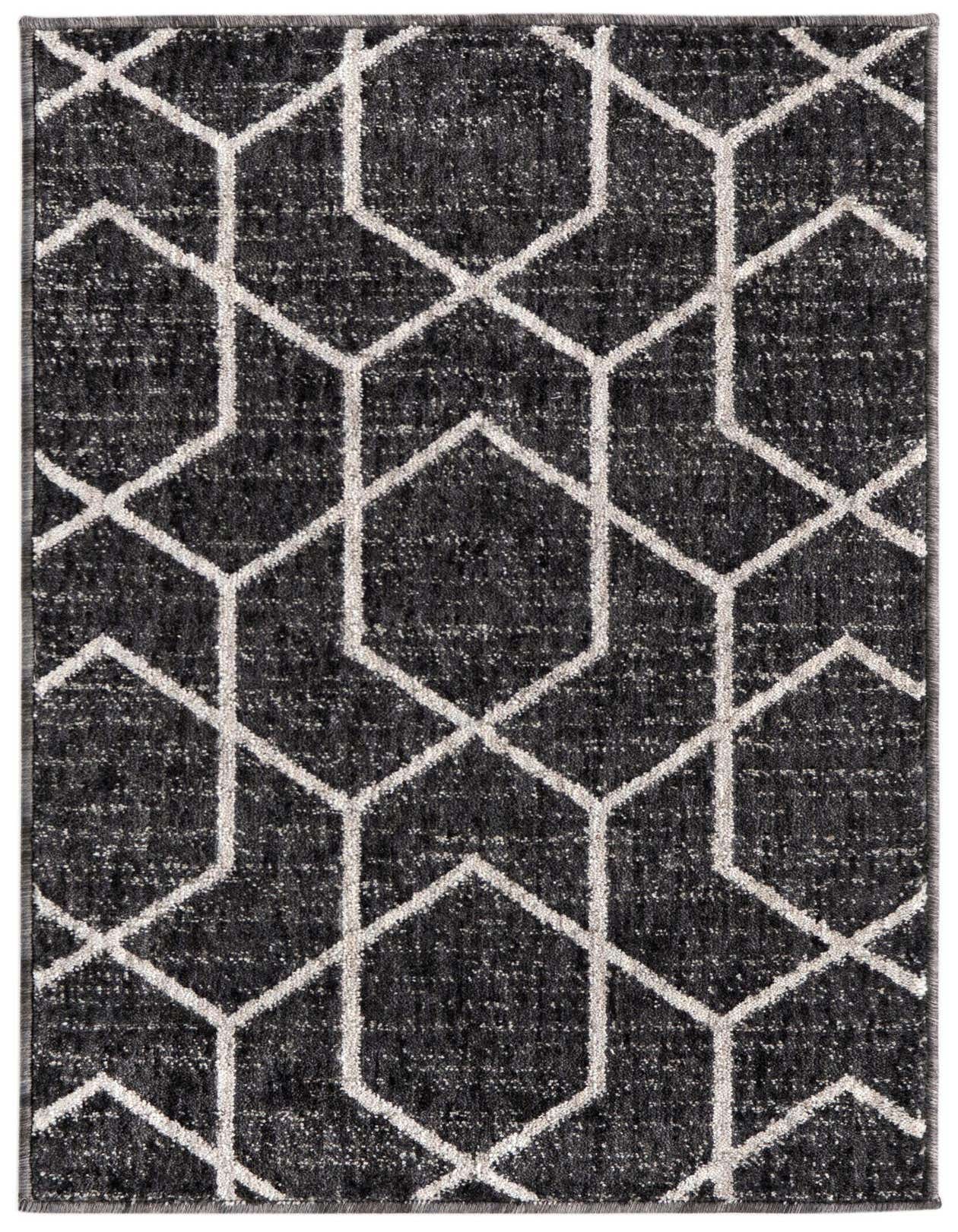A 2x3 rectangular Eco Trellis rug featuring a modern abstract geometric pattern in black and gray.