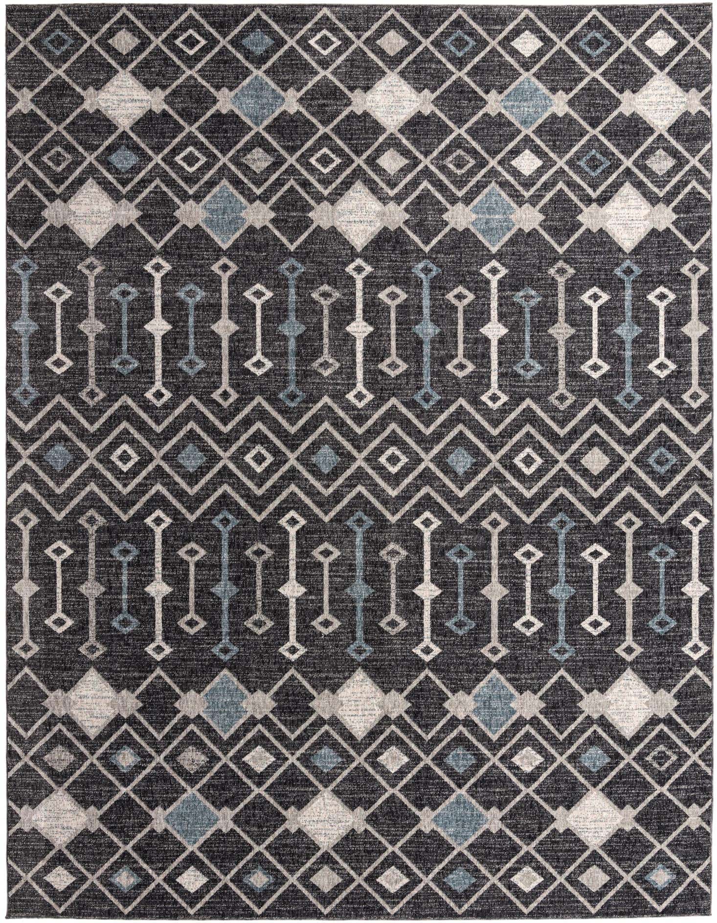 A 10x13 rectangular Eco Trellis rug featuring a modern geometric pattern in black, gray, and blue tones.