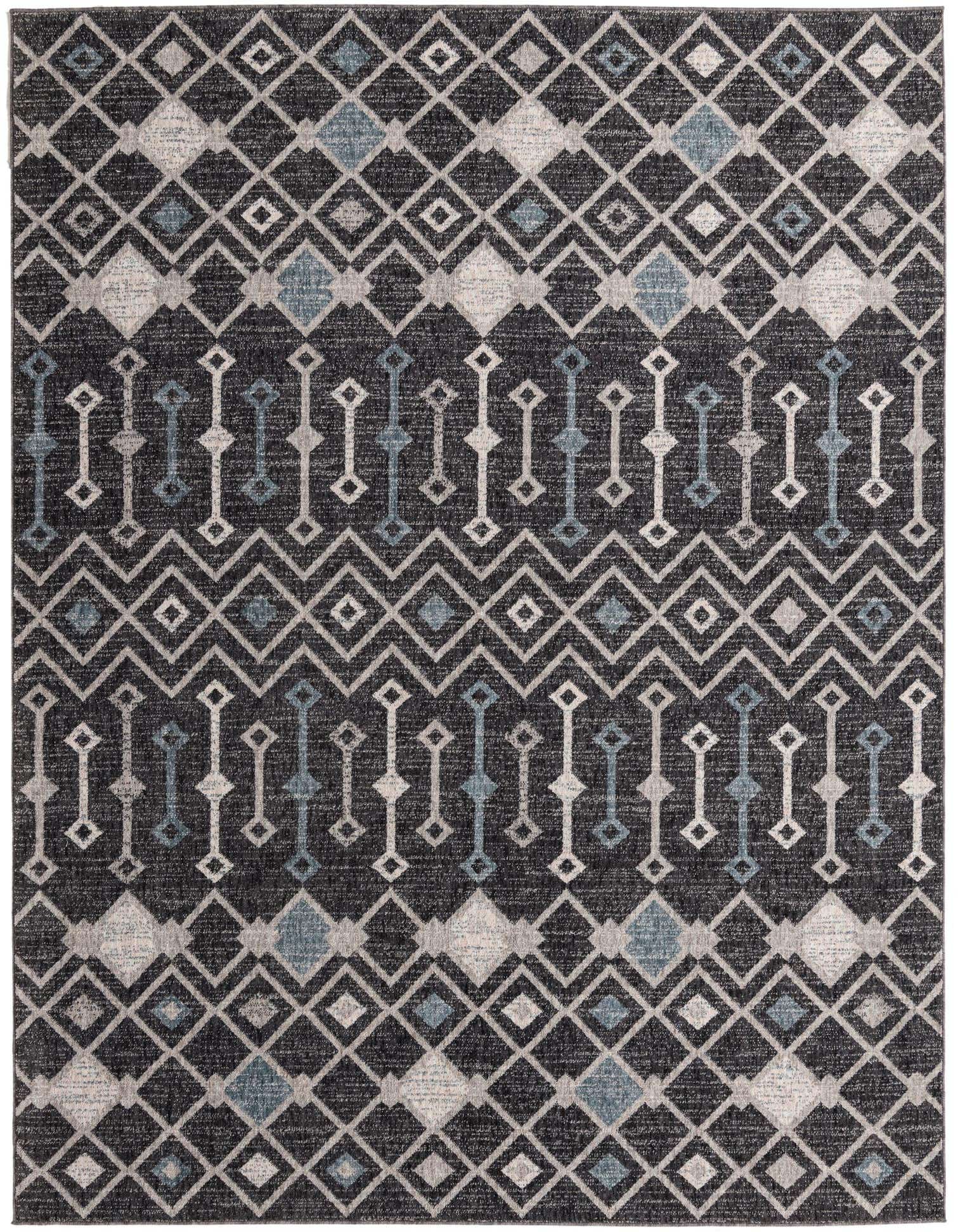 An 8x10 rectangular Eco Trellis rug featuring a modern trellis pattern in black, gray, and light blue.