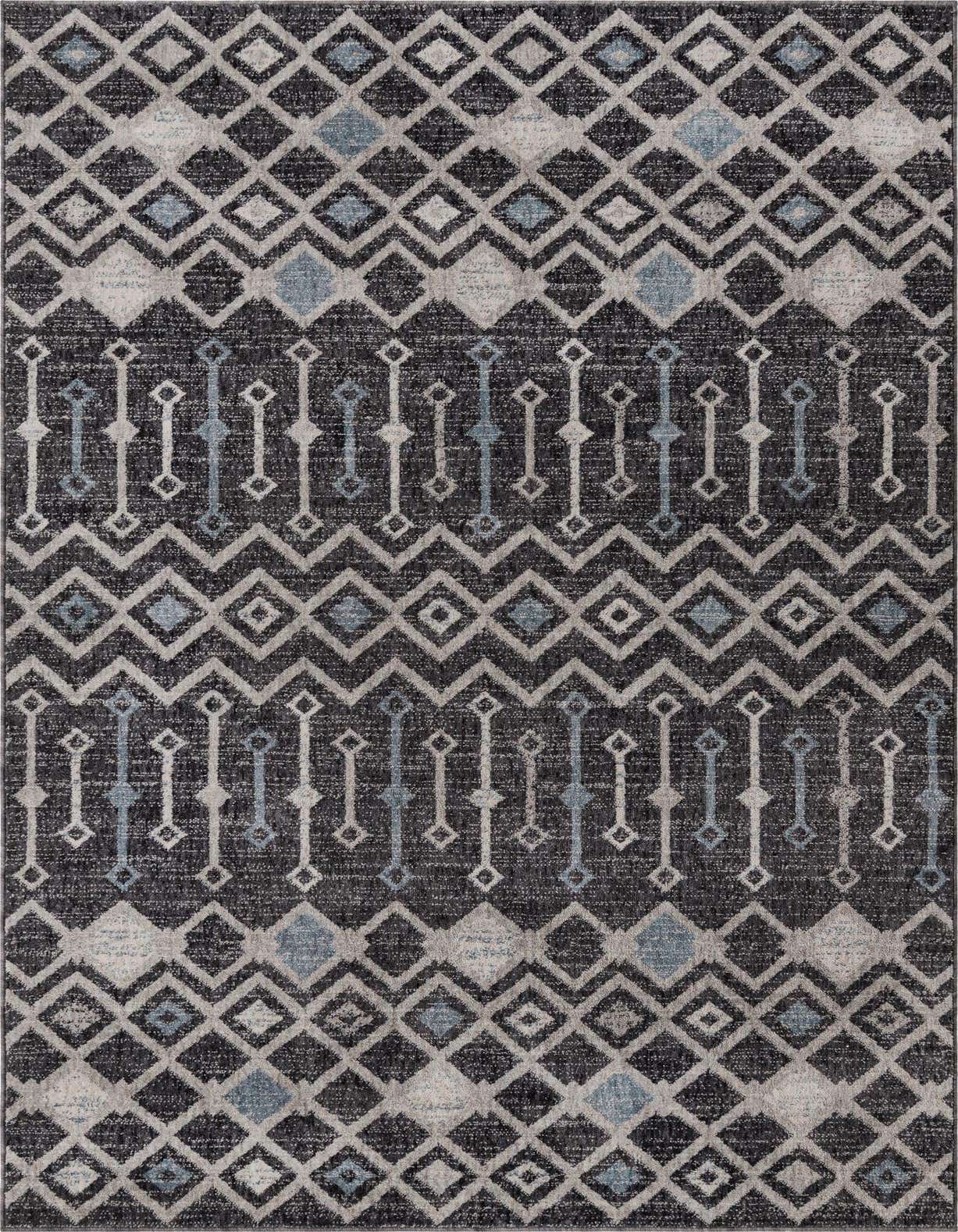 A 5x8 rectangular Eco Trellis rug featuring a modern trellis pattern in black, gray, and light blue, suitable for various indoor rooms.