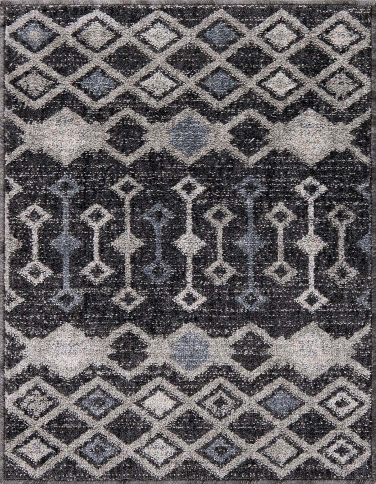 A 2x3 rectangular Eco Trellis rug featuring a modern trellis pattern in shades of black, gray, and subtle blue.