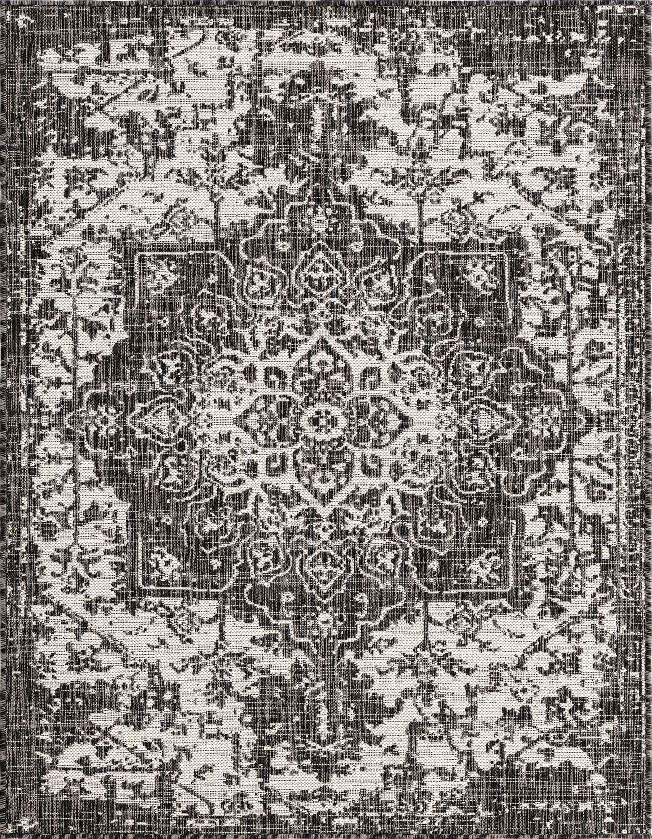 A 4x6 rectangular black and gray Mediterranean-style indoor/outdoor rug with a distressed medallion pattern.