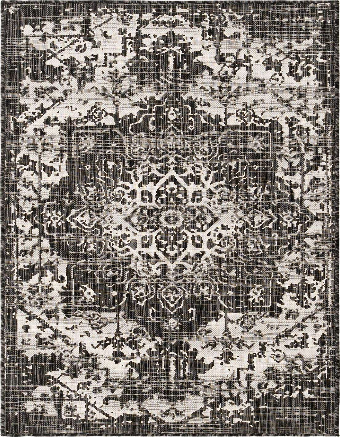 A 3x5 rectangular black and gray Mediterranean-style indoor/outdoor rug with a distressed medallion pattern.