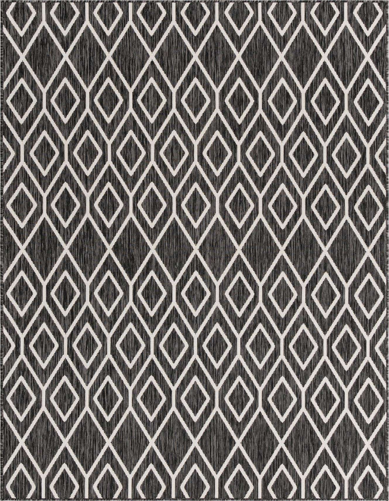 A 6x9 rectangular black and gray outdoor rug with a modern tribal diamond trellis pattern.